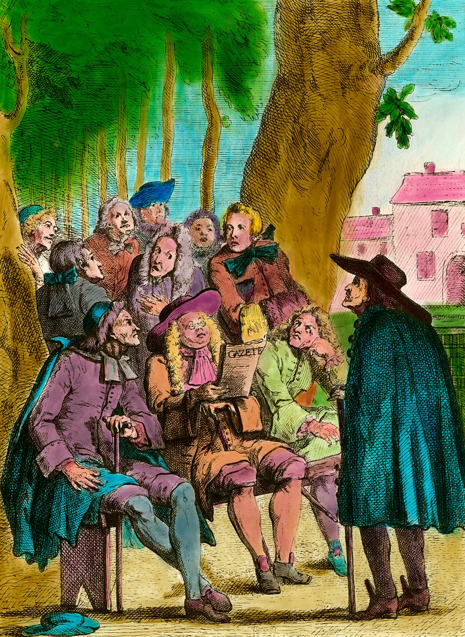 Vindpolitiker som läser "The Gazette" under Krakowträdet i Luxemburgs trädgårdar i slutet av Ancien Regime i Paris. Gravyr av 1700-talet. Privat samling av French School
