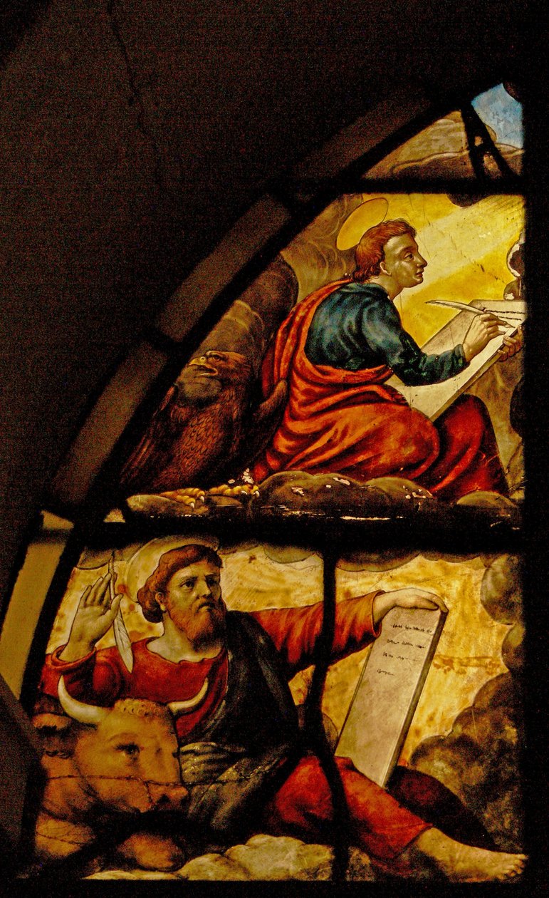 Fönster Charnier-2 som visar evangelisterna med värdens mirakel: St Luke och St John av French School
