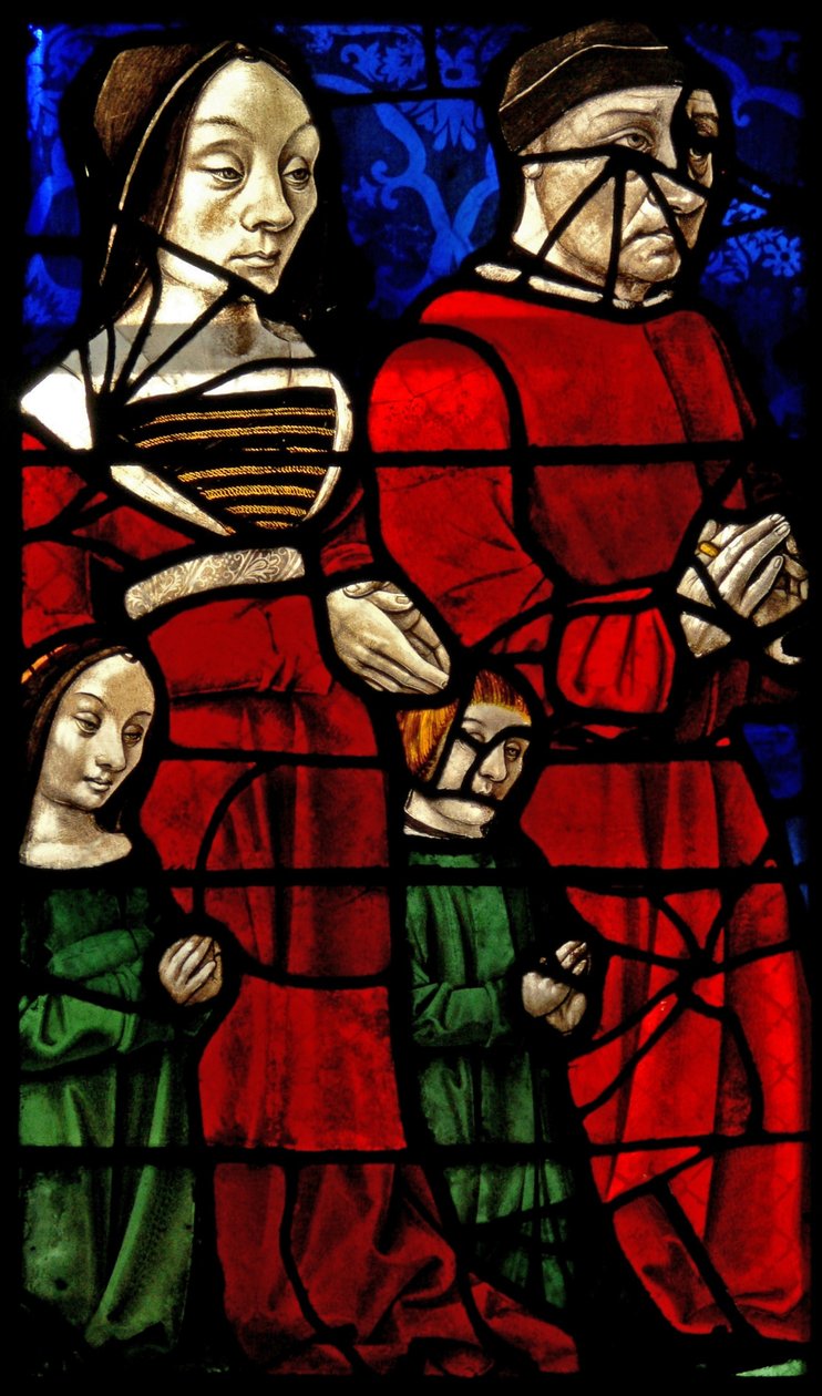 Fönster E1 som visar donatorerna hertig Jean II de Bourbon och hans fru Catherine av French School