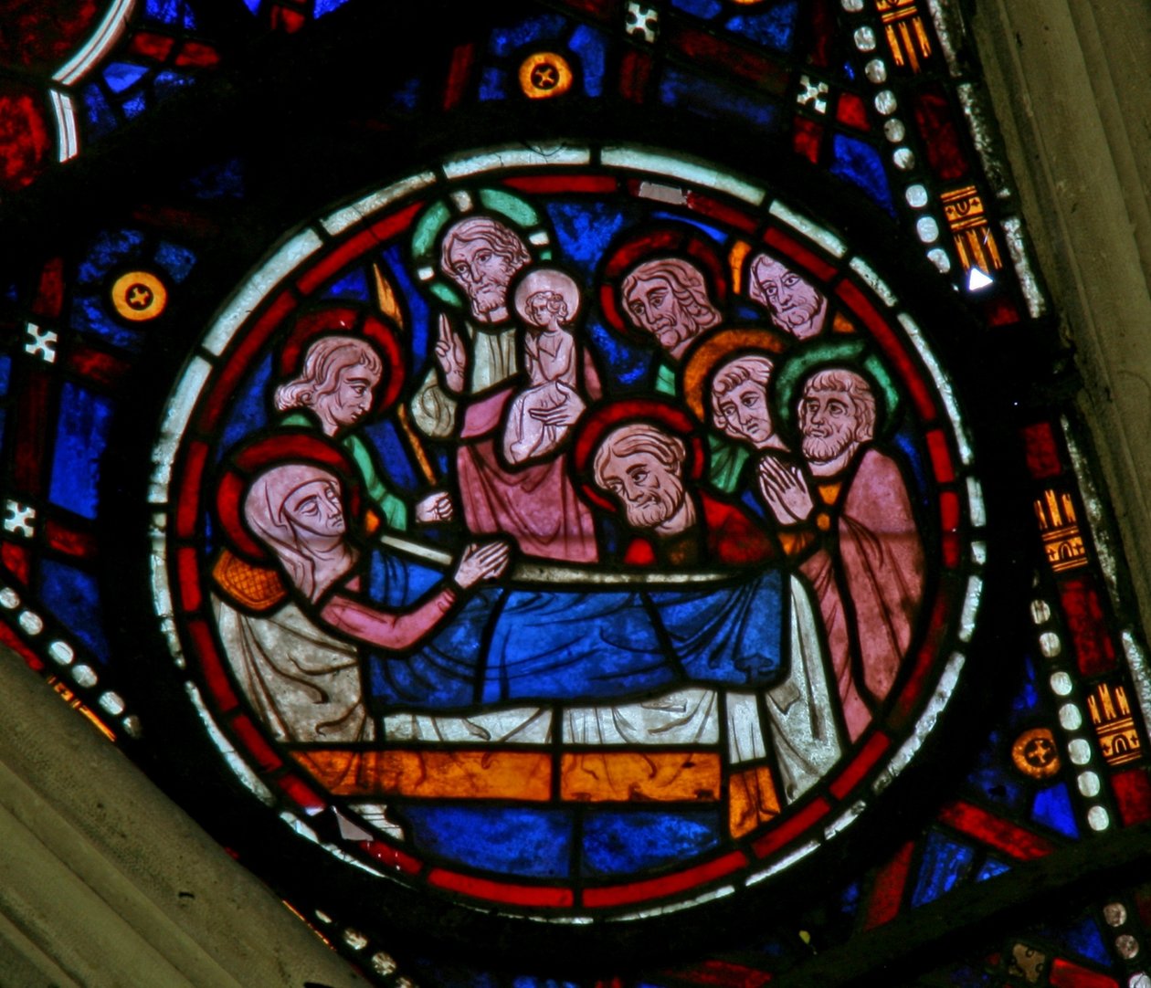 Window North rose som visar Jungfru Marias död av French School