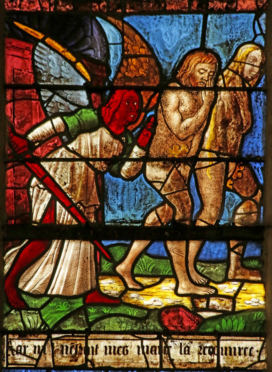 Fönster som visar Adam och Eva utdrivna från Eden (målat glas) av French School