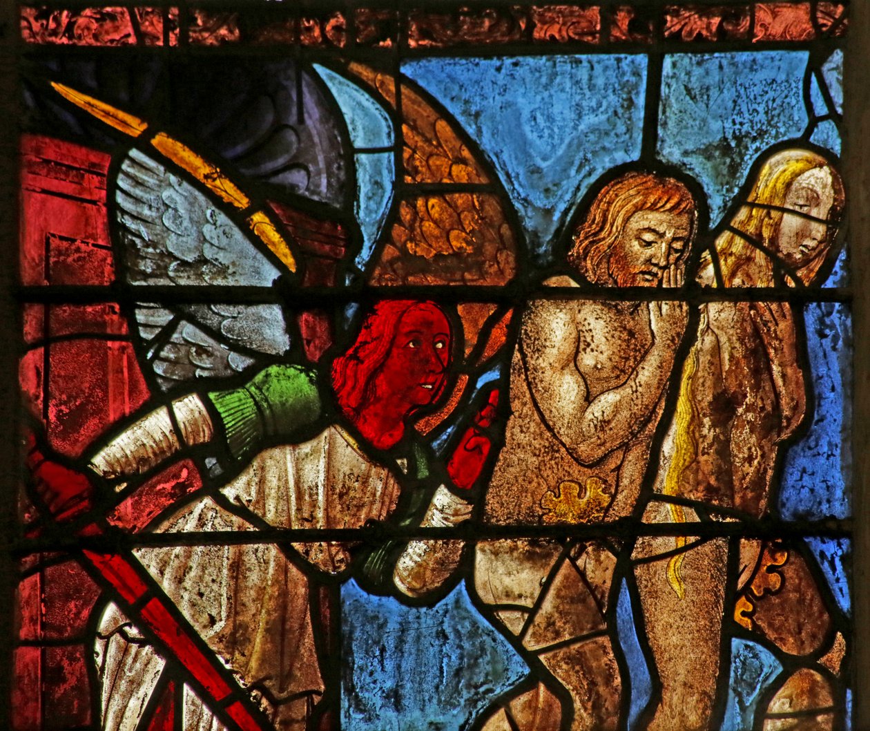 Fönster som visar Adam och Eva utdrivna från Eden (målat glas) av French School