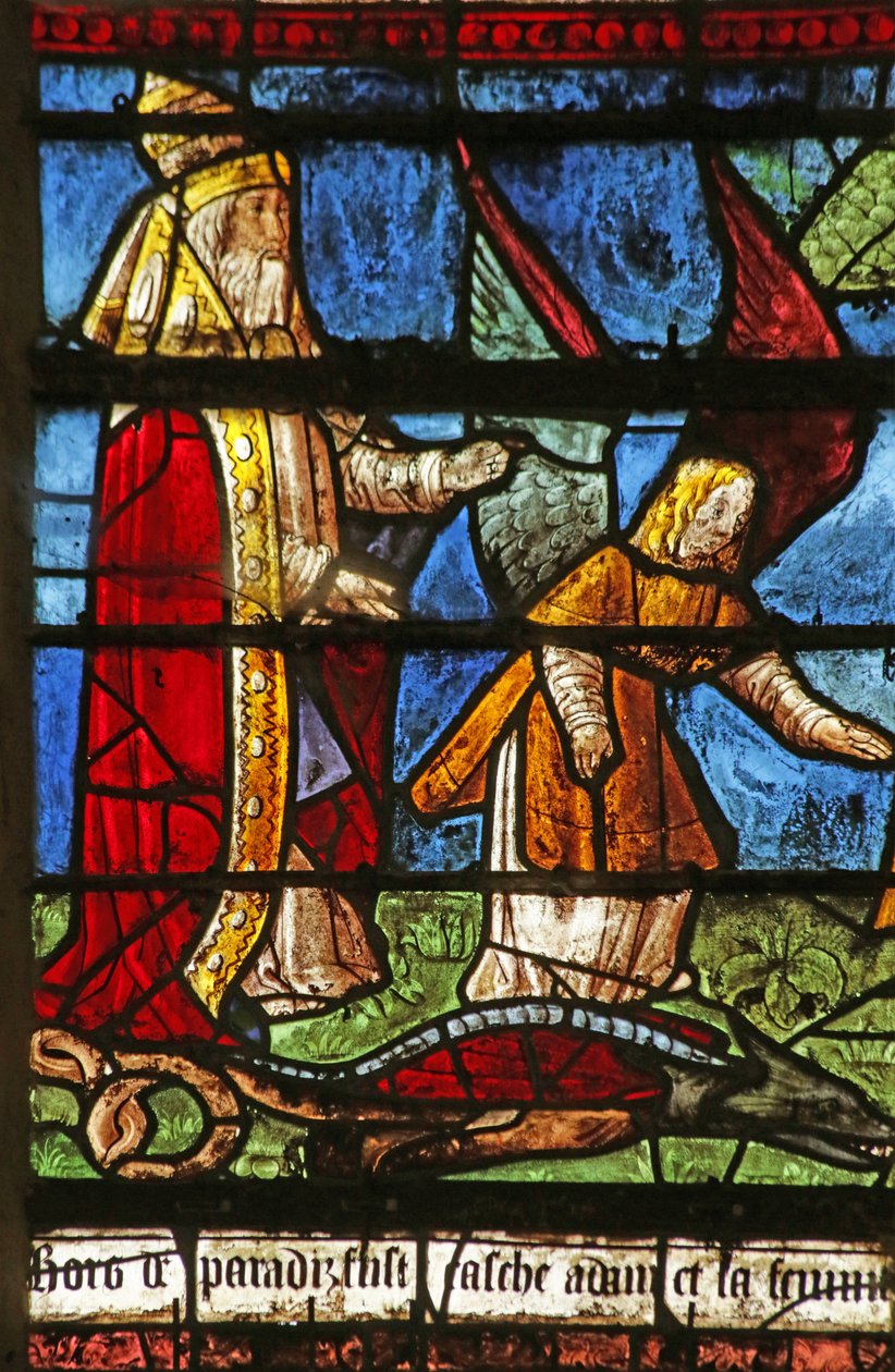 Fönster som visar Gud som förbannar ormen (målat glas) av French School