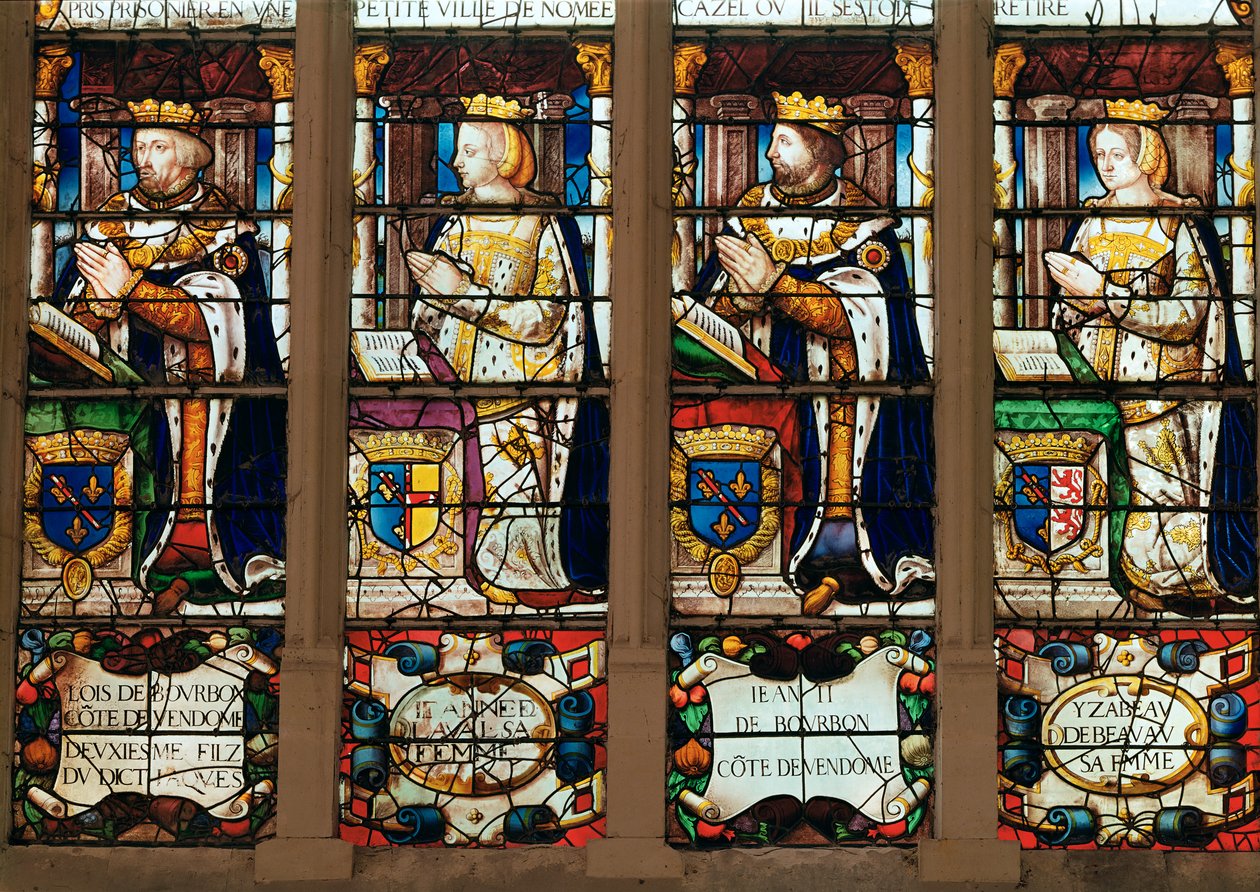 Fönster som visar Louis de Bourbon (1376-1446) Comte de Vendome, Jeanne de Laval (d.1468) Jean II de Bourbon (1446-77) Comte de Vendome abd Isabelle de Beauvau (d.1474) av French School
