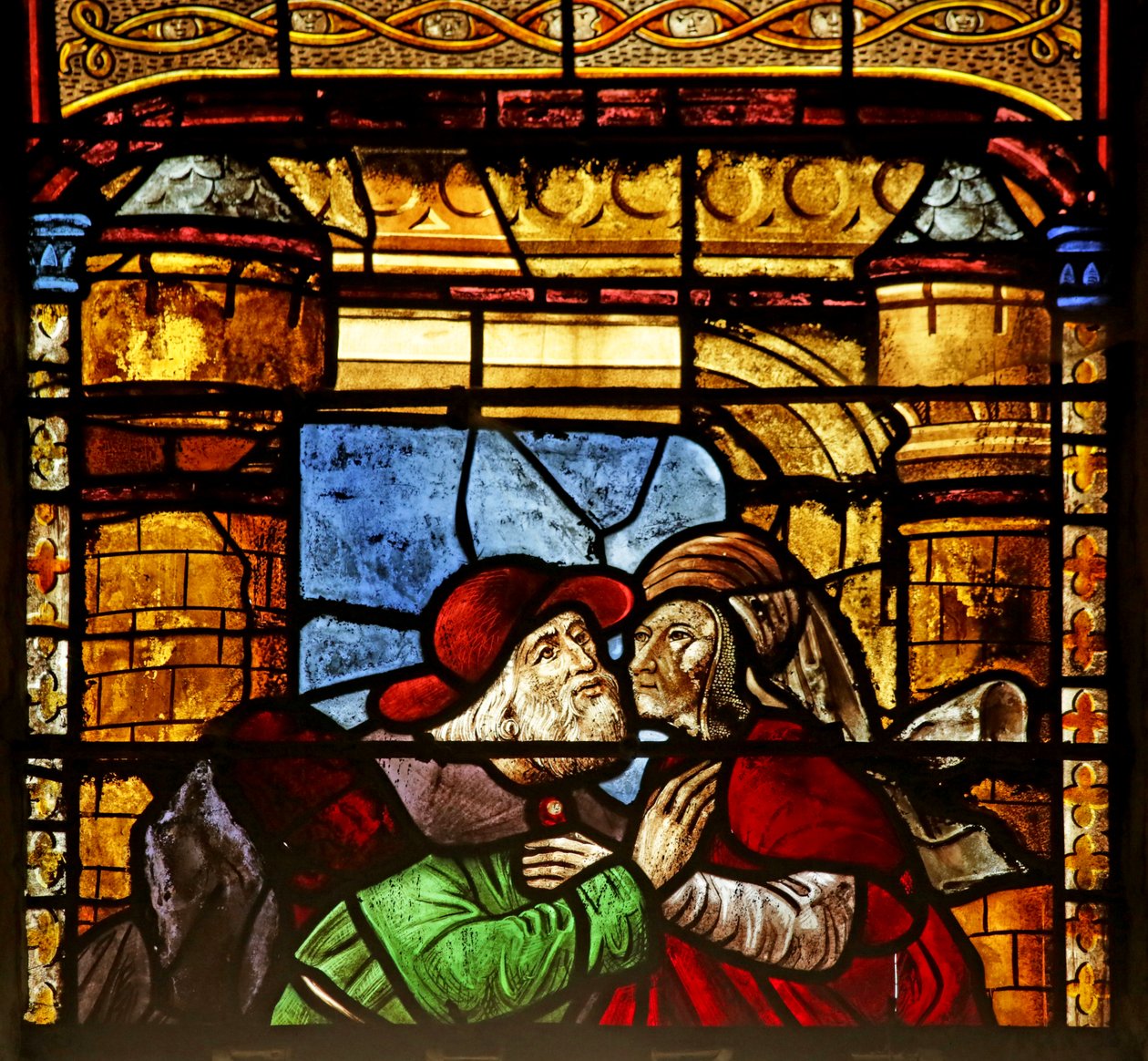 Fönster som visar Saint Anne och Joachim vid Golden Gate (målat glas) av French School