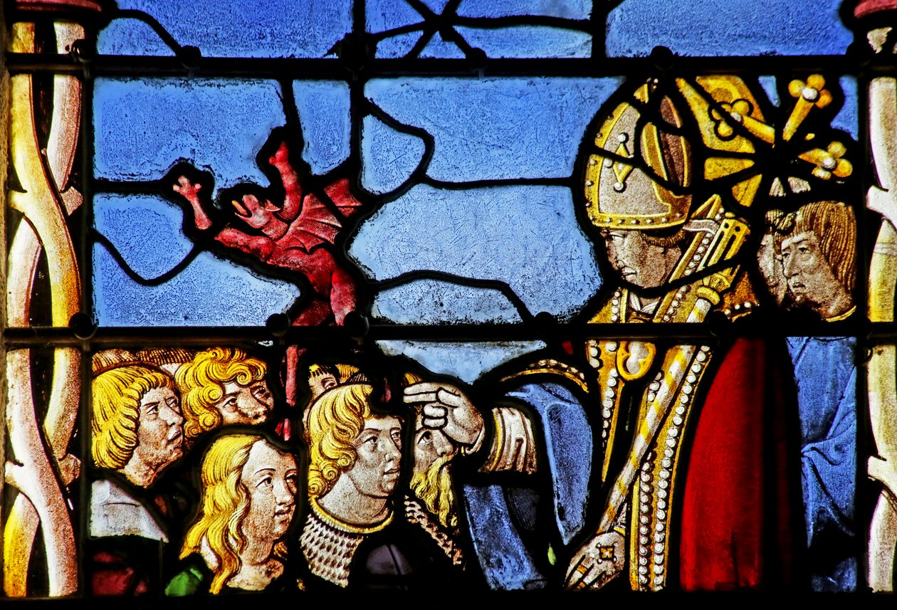 Fönster som visar Saint Cler: exorcierar en demon från Hasterie av French School