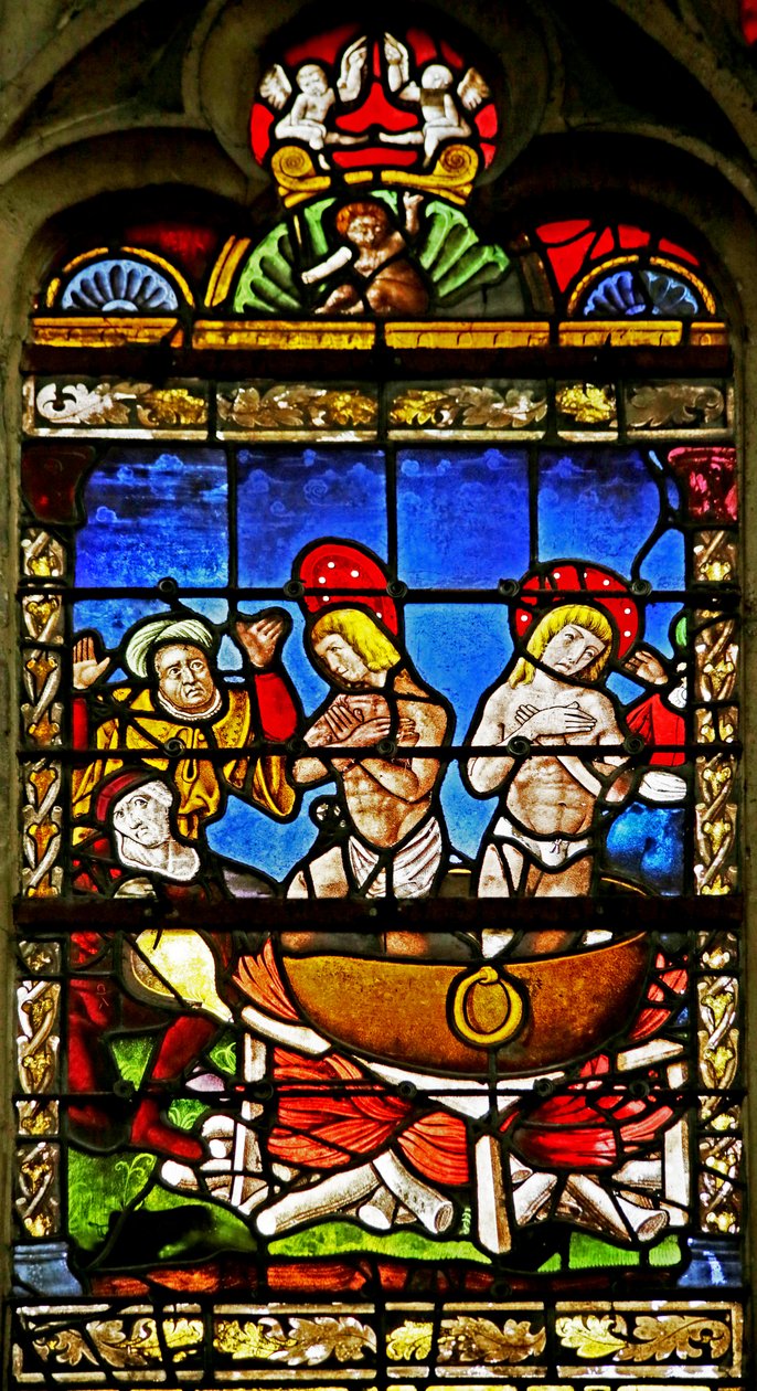 Fönster som visar Saint Crepin och Saint Crepinien: Martyrdomen (målat glas) av French School