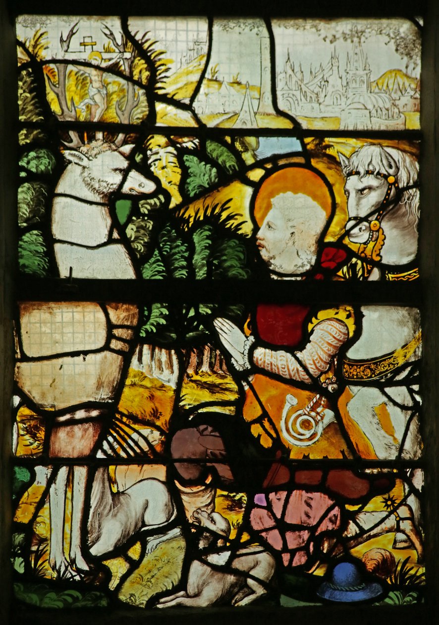 Fönster som visar Saint Eustache (som Placidus) möter Stag (målat glas) av French School