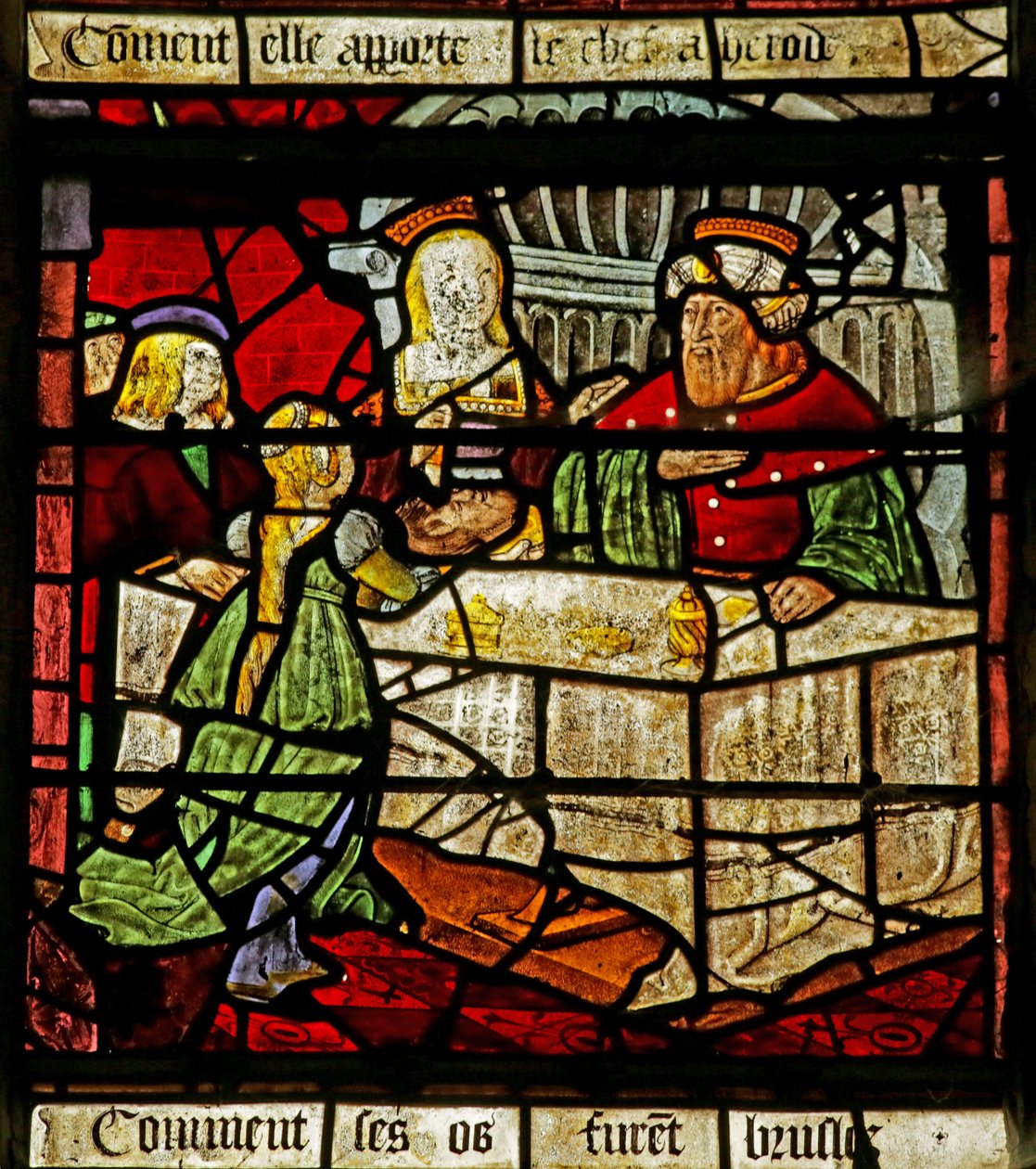 Fönster som visar Johannes Döparen och Herodes som tar emot hans huvud (målat glas) av French School