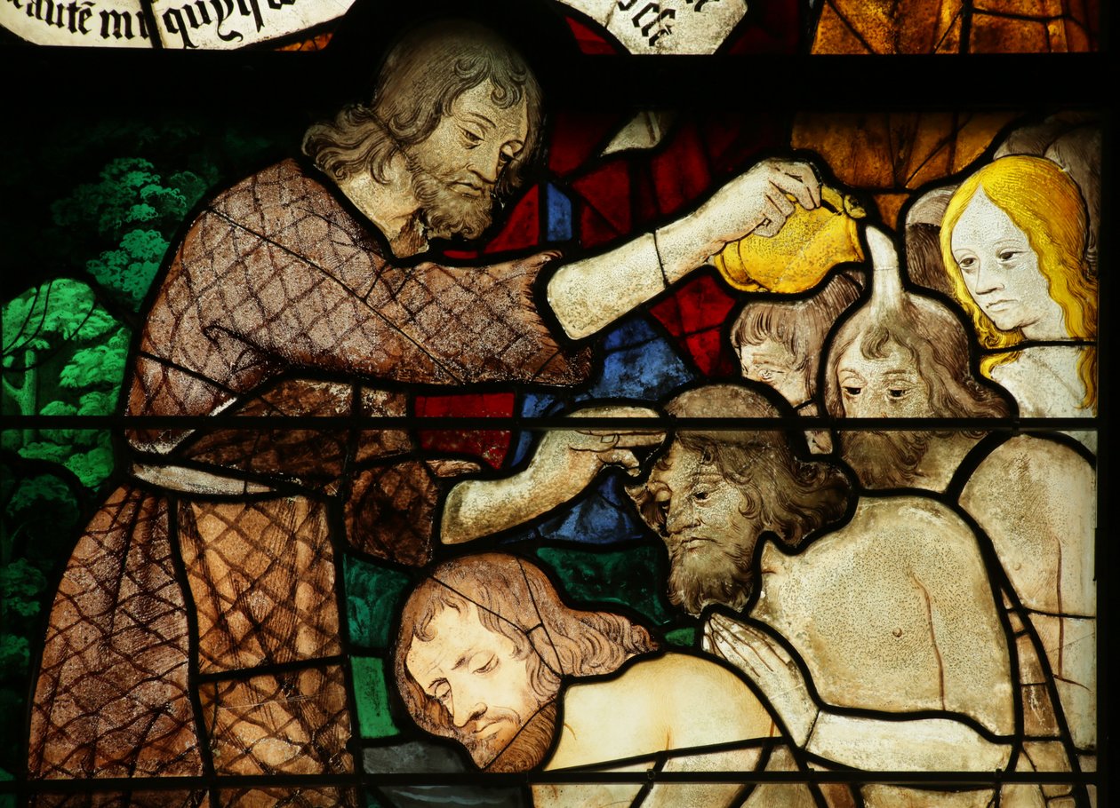 Fönster som visar Sankt Johannes Döparen som döper (målat glas) av French School