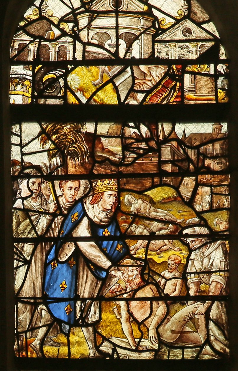 Fönster som visar Saint Louis som begraver de döda (målat glas) av French School