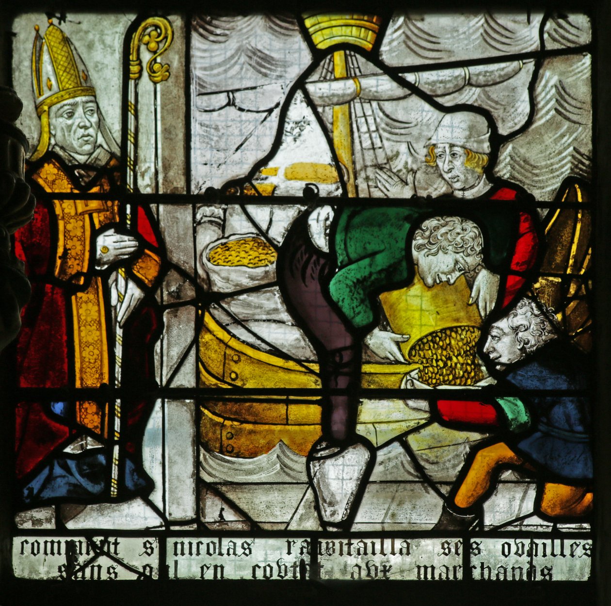 Fönster som visar Sankt Nikolaus och vetets mirakel (målat glas) av French School