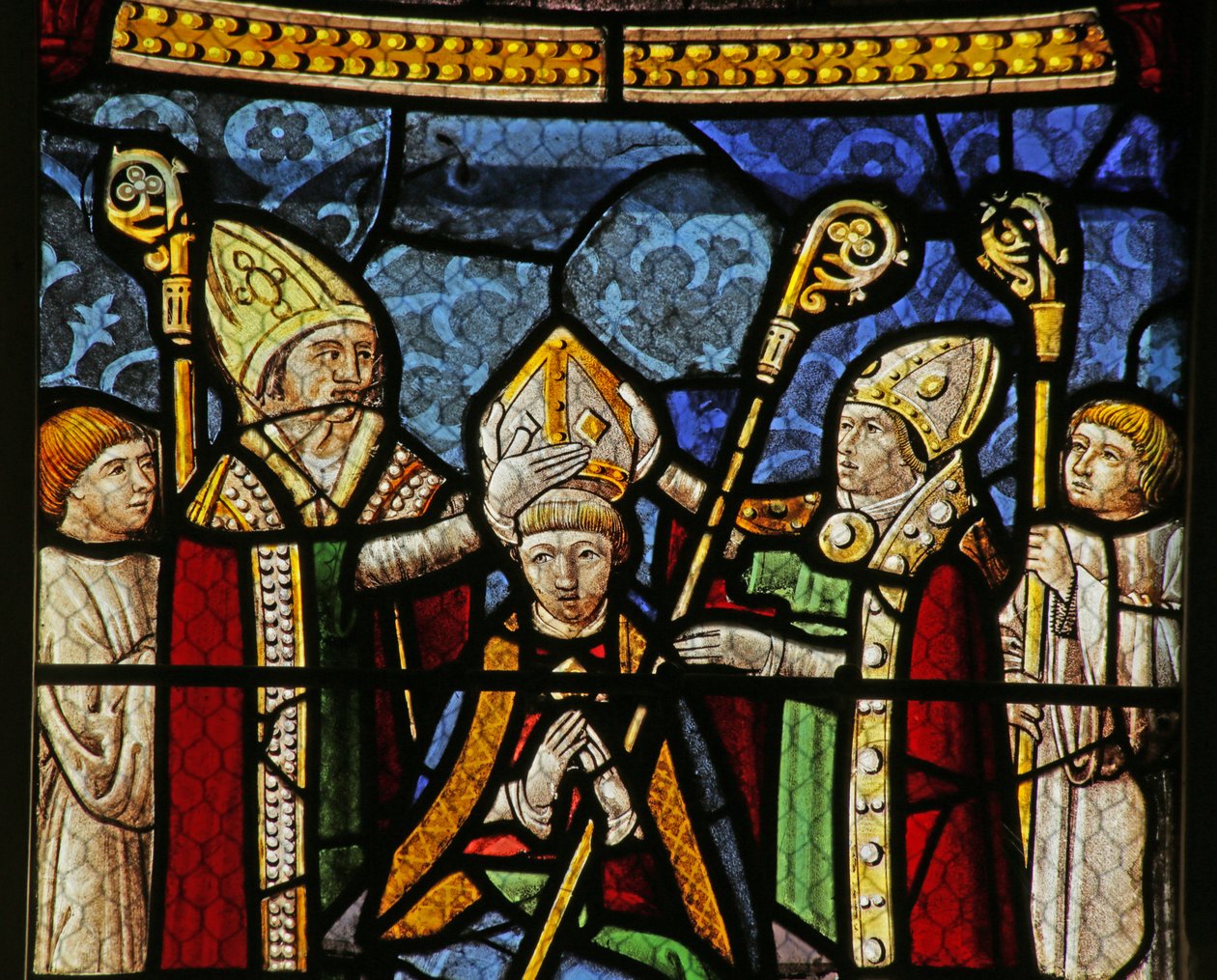 Fönster som visar Sankt Nikolaus som blir biskop av Myra (målat glas) av French School