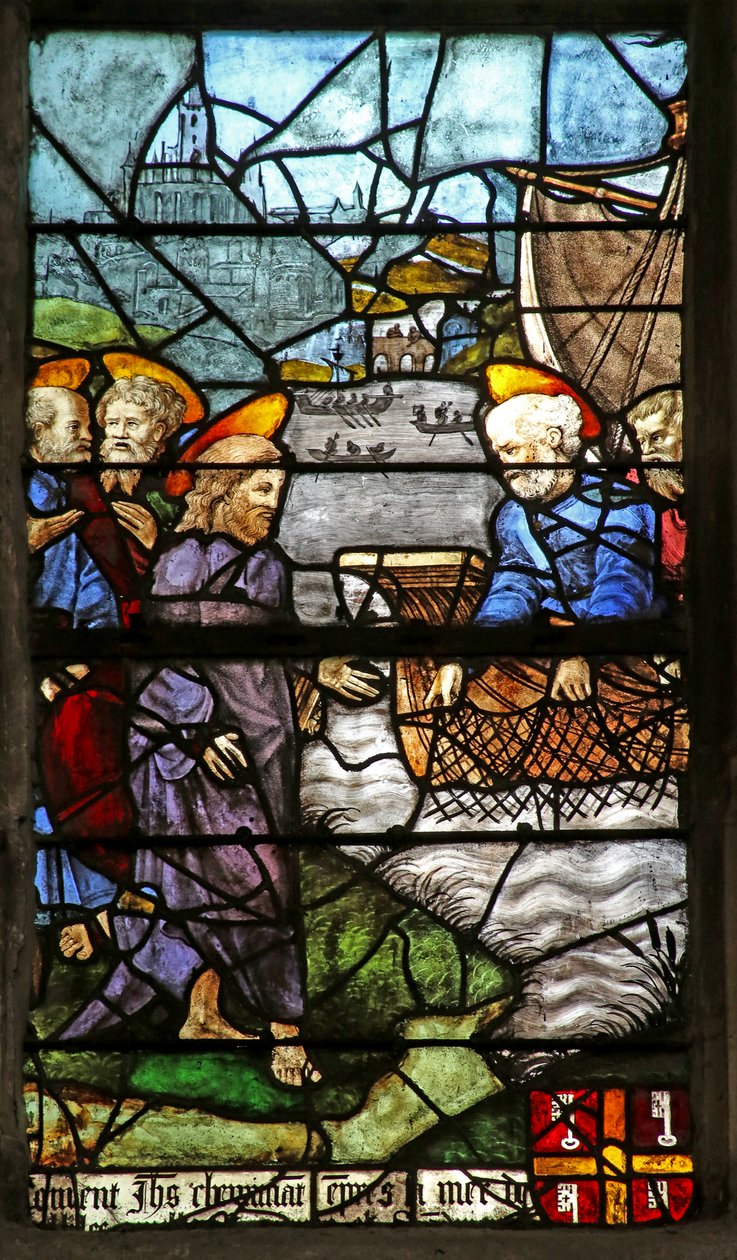 Fönster som visar Sankt Peter med apostlarna som fiskar (målat glas) av French School