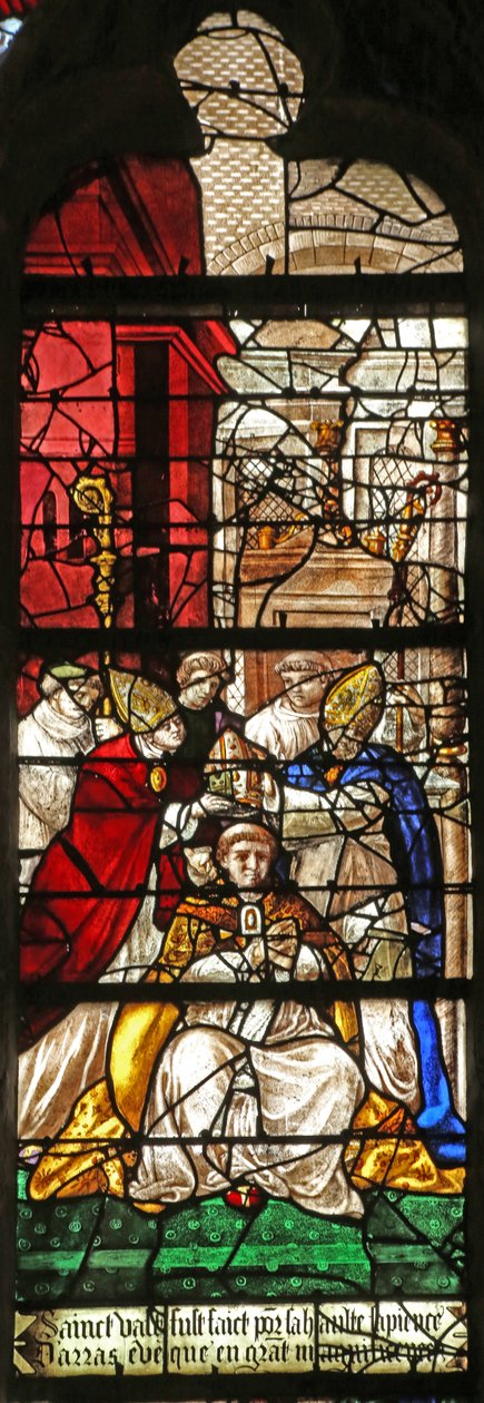 Fönster som visar scen från Saint Vasts liv (målat glas) av French School
