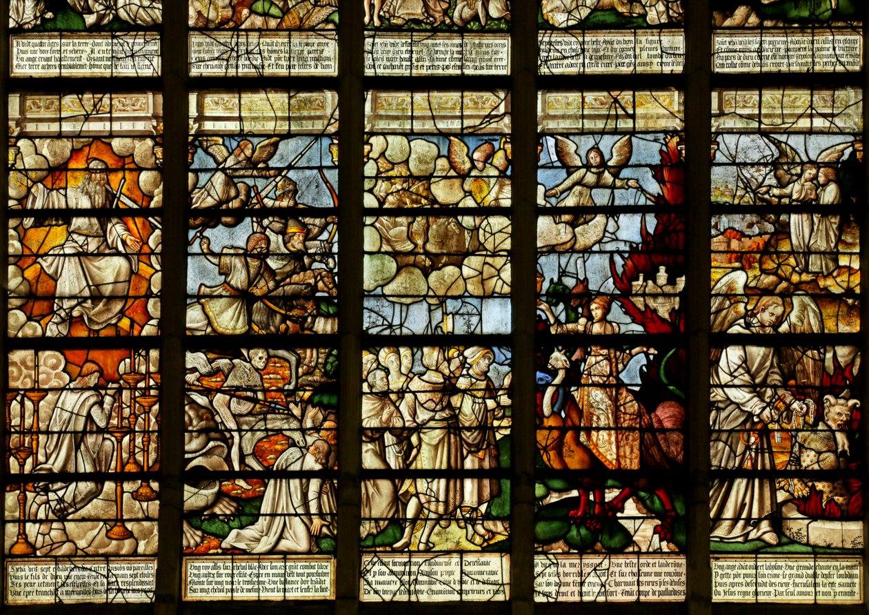 Fönster som visar scener från Uppenbarelseboken (målat glas) av French School