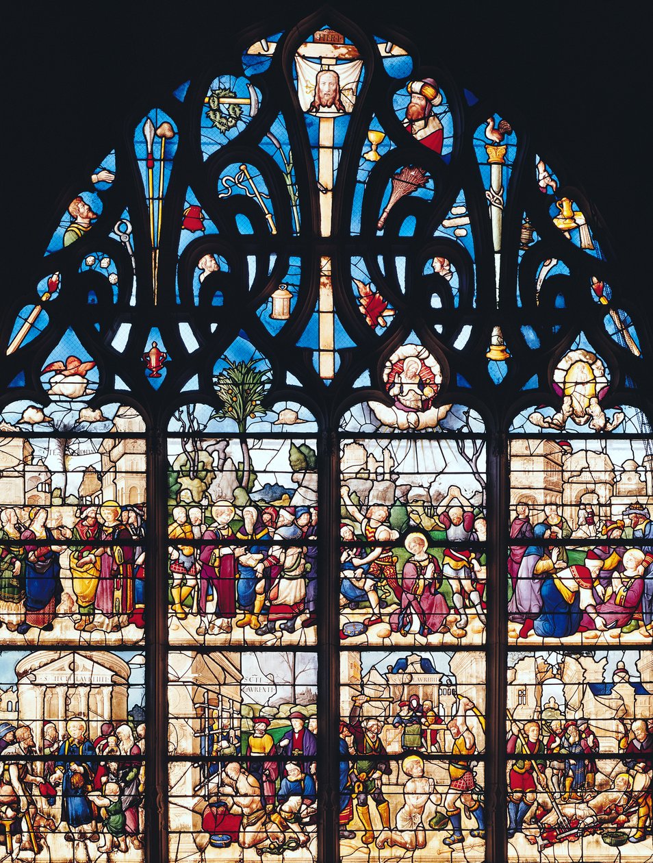 Fönster som visar scener från St. Stephens och St. Lawrences liv, från Chapelle Bonne-Mort av French School