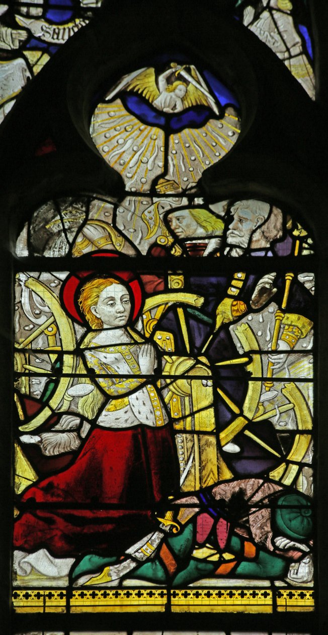 Fönster som visar St Catherine som ber och änglar som bryter hjulet genom att kasta sten, 1460-70 av French School