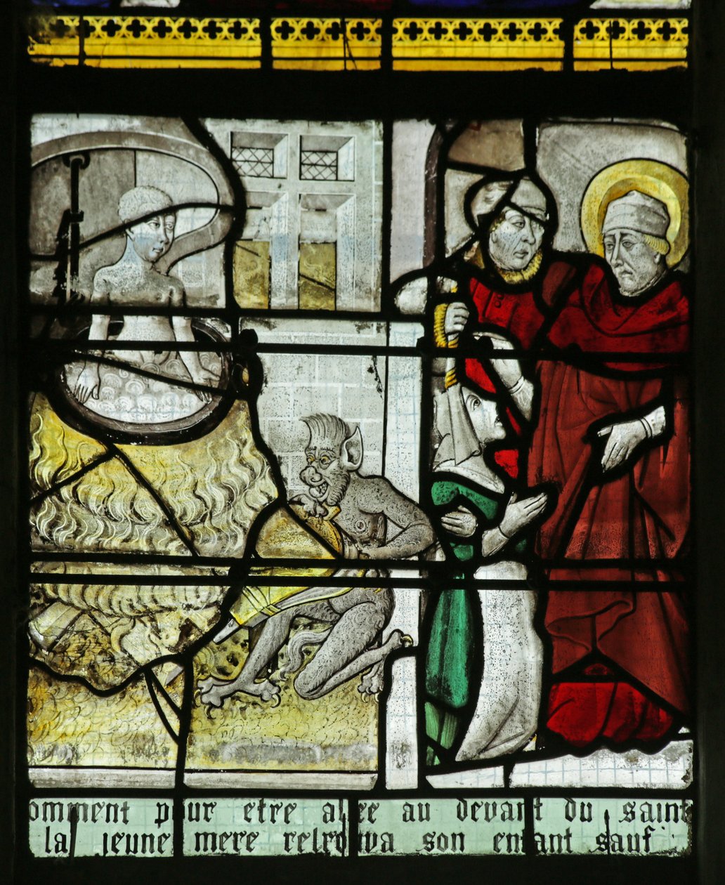 Fönster som visar St Nicholas som räddar ett barn från att kokas levande, 1460-70 av French School