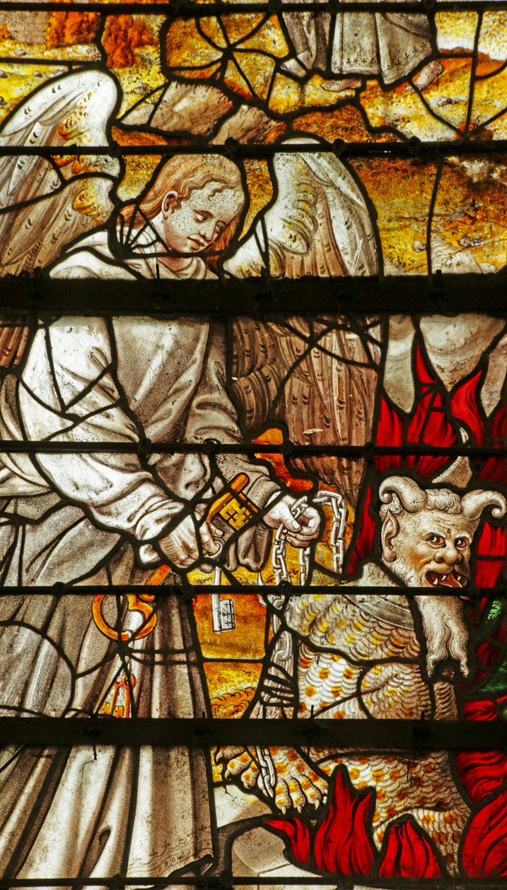 Fönster som visar en scen från Uppenbarelseboken: Ängel med nyckel till gropen, Satan (målat glas) av French School