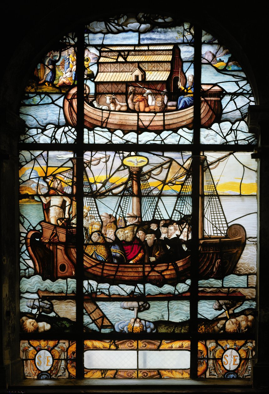 Fönster som visar ett skepp med helgon och Noaks ark, 1612-22 av French School
