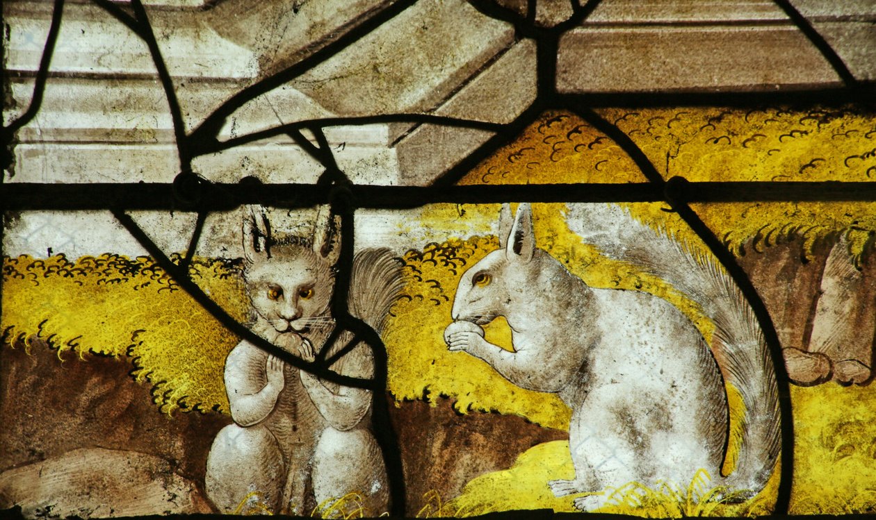 Fönster som föreställer ekorrar vid foten av fönstret med kejsar AuguSaintus vision (målat glas) av French School