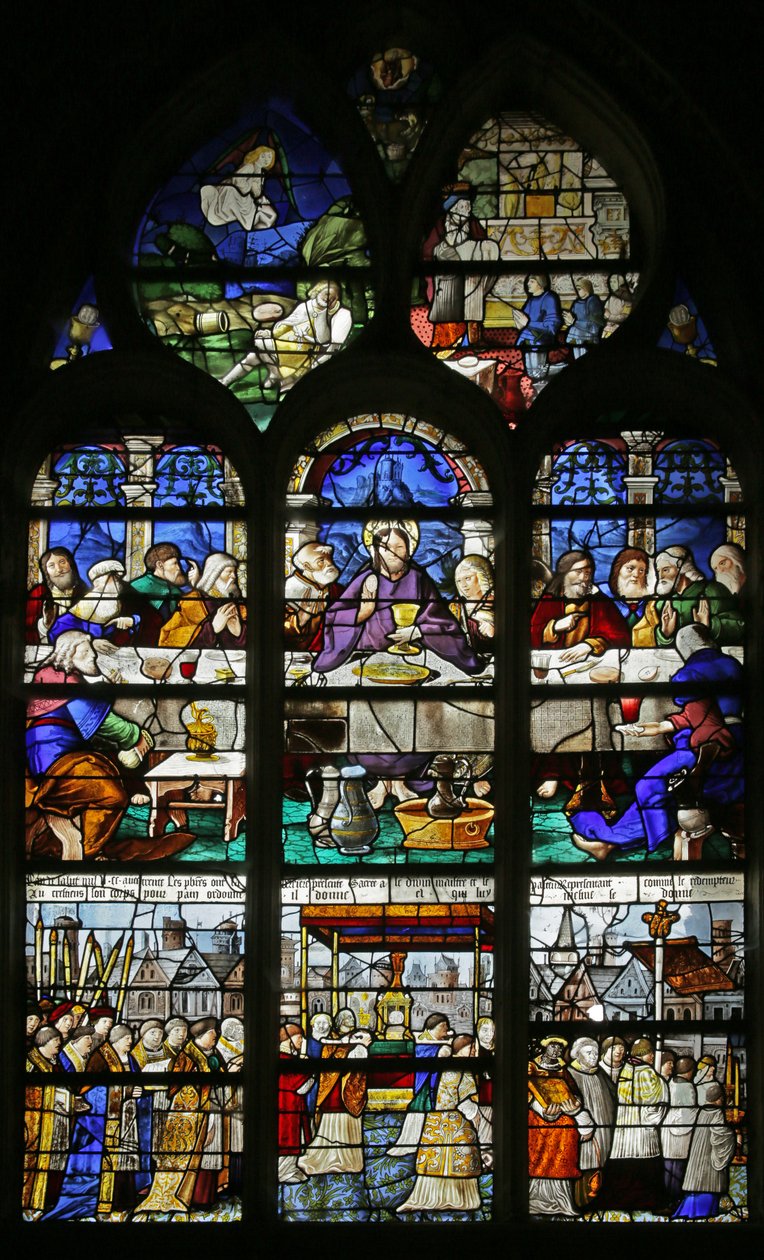 Fönster som visar den sista måltiden och processionen av det heliga sakramentet, 1530 av French School
