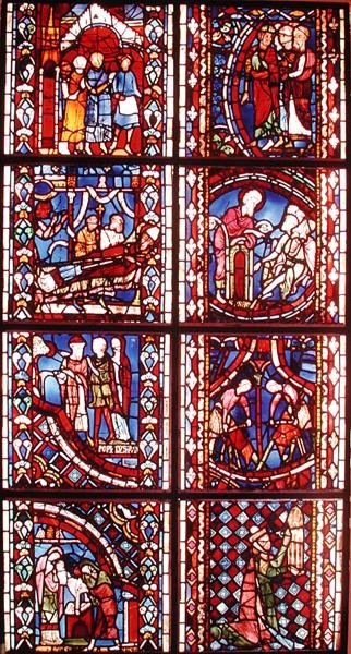 Fönster som visar legenden om den helige Nicolas, den helige Martins död, Johannes döparen som predikar i öknen, Johannes döparens omskärelse, den helige Stefans legend, Johannes döparens predikan. av French School
