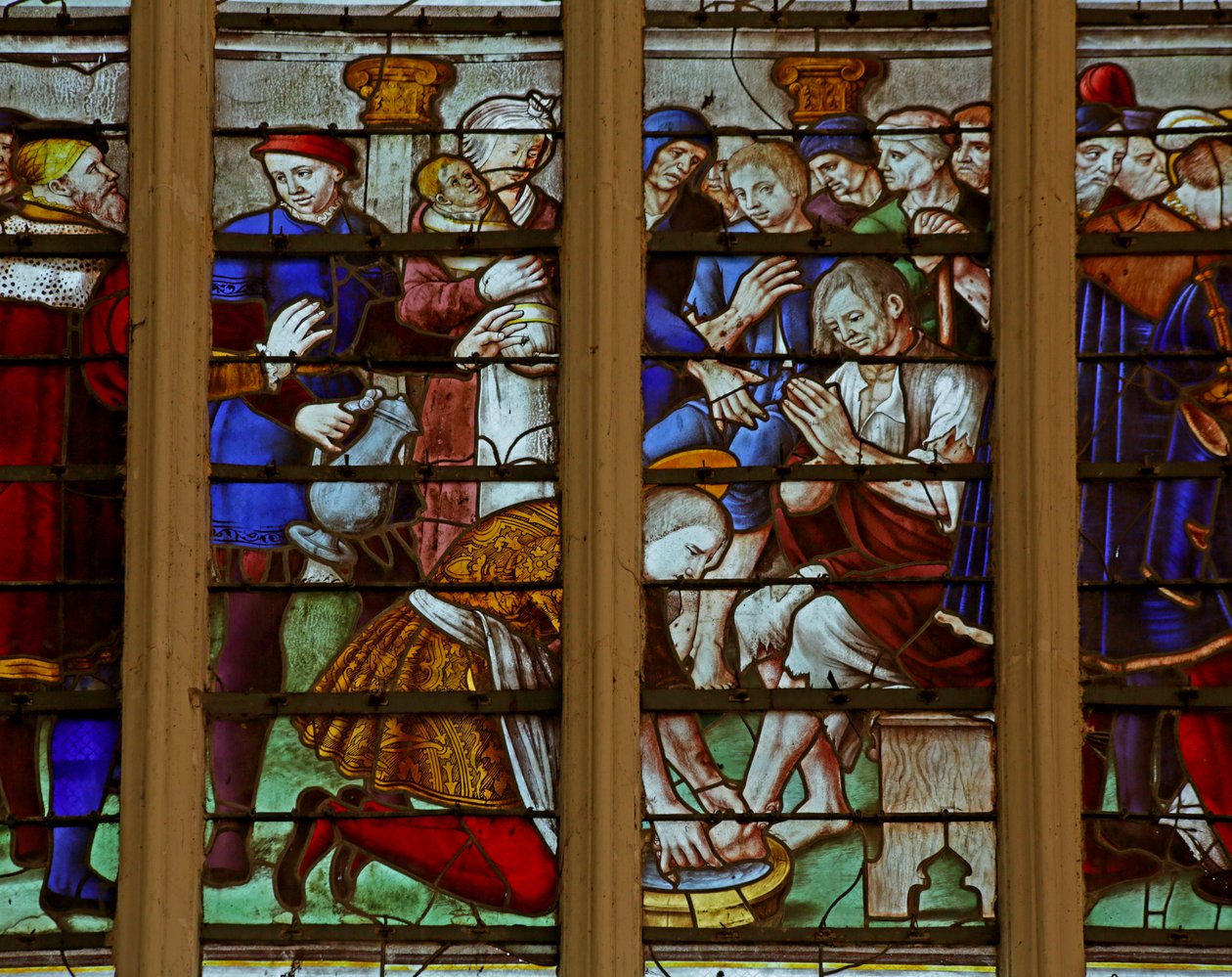 Fönster som visar de fromma och välgörande gärningarna från Saint Louis som genomgår flagellation (målat glas) av French School