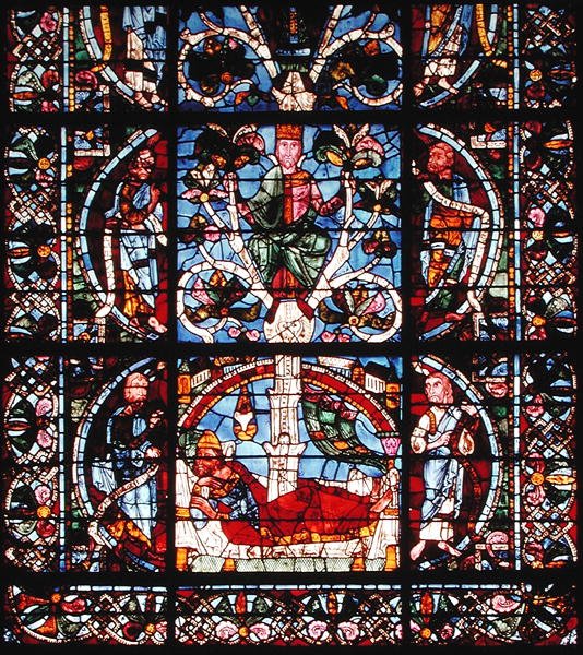 Fönster som visar Jesses träd, detalj av den nedre halvan (målat glas) av French School