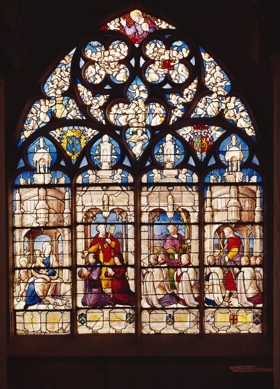 Fönster som visar Jungfrun och barnet med Johannes Döparen, St. Peter presenterar Pierre Tullier och hans fru, St. John presenterar Jehan, Francois och Pierre Tullier och St. James presenterar fyra av French School
