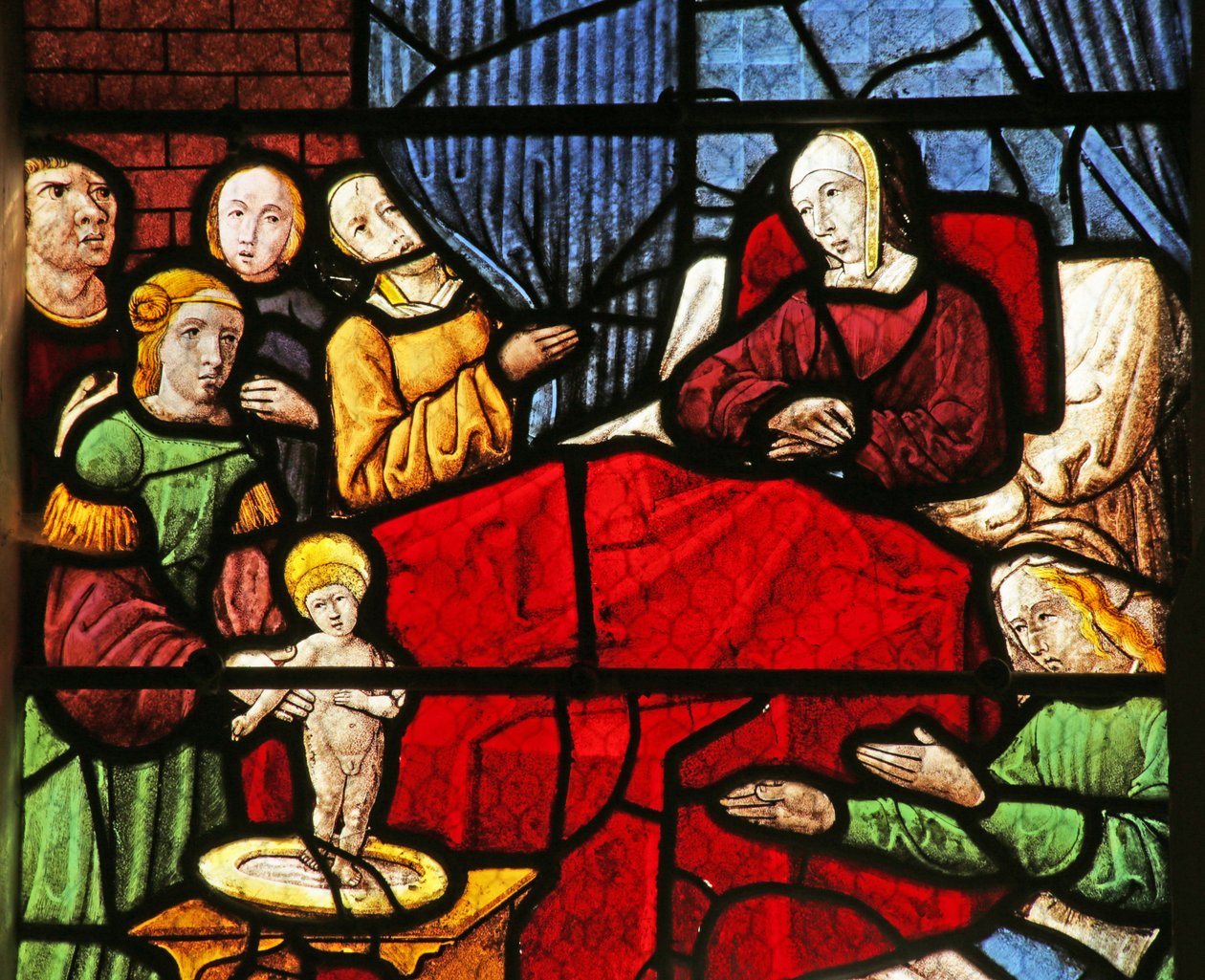 Fönster som visar Sankt Nikolaus födelse (målat glas) av French School