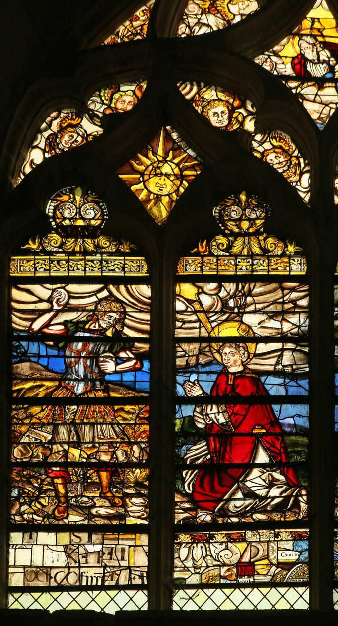 Fönster som visar steningen av Saint Stephen (målat glas) av French School