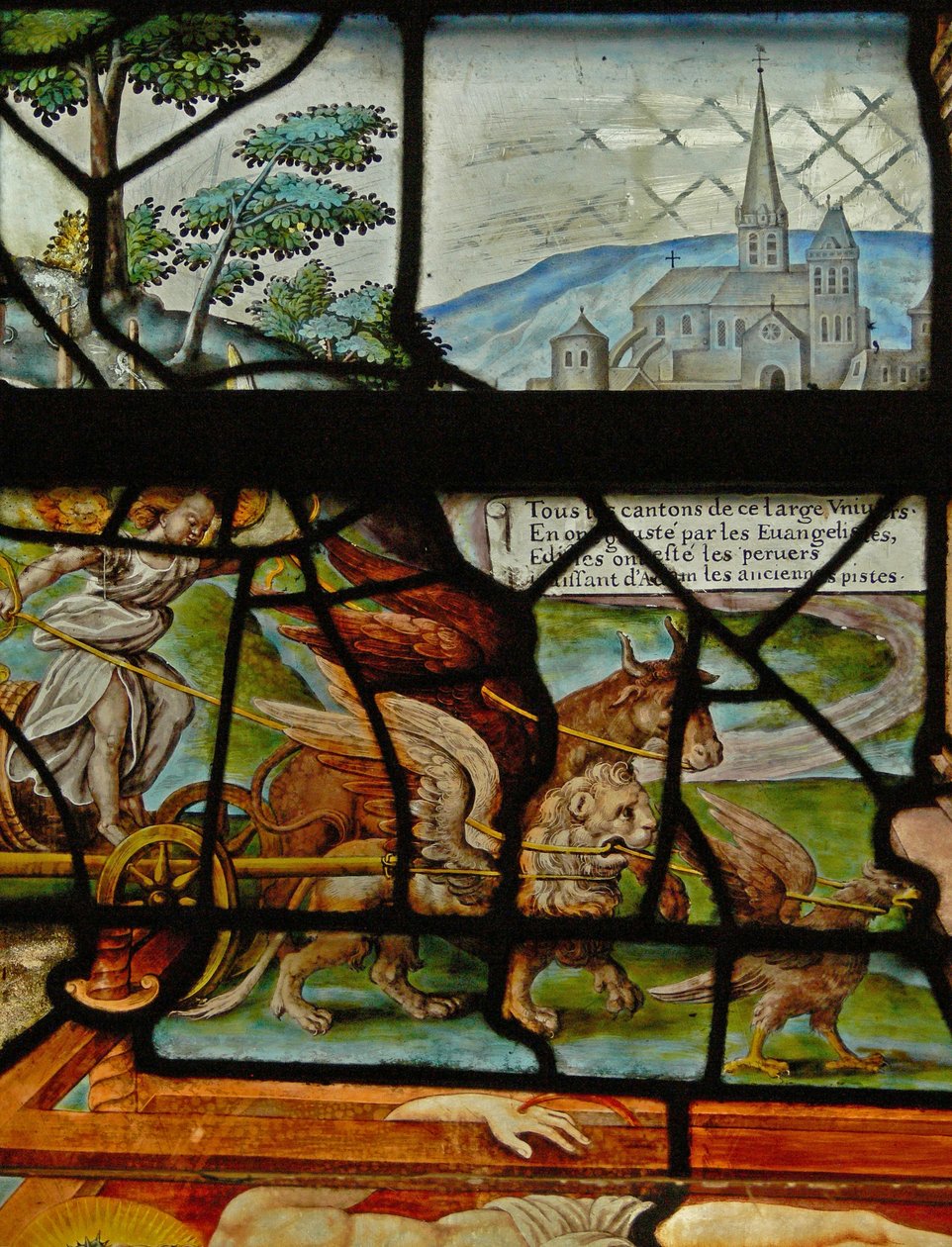 Fönster i Charnier (w.11) som visar en detalj från Mystic Wine Press av French School