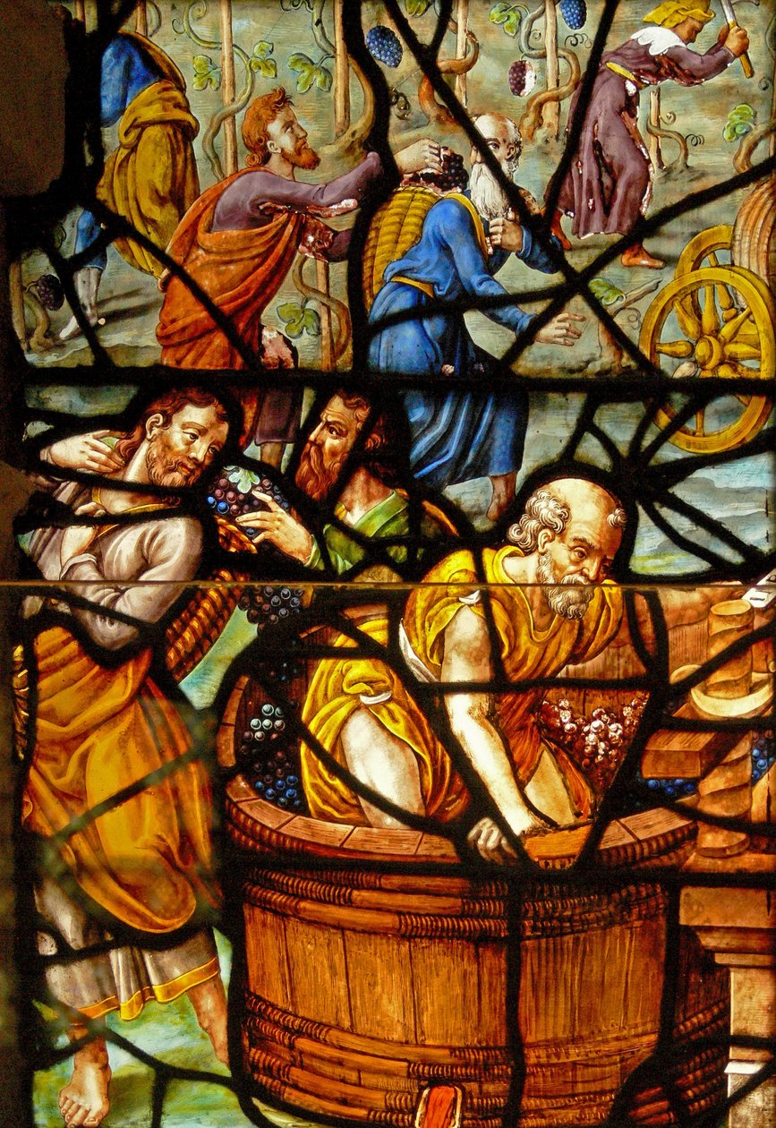 Fönster i Charnier (w.11) som visar en detalj från Mystic Wine Press av French School