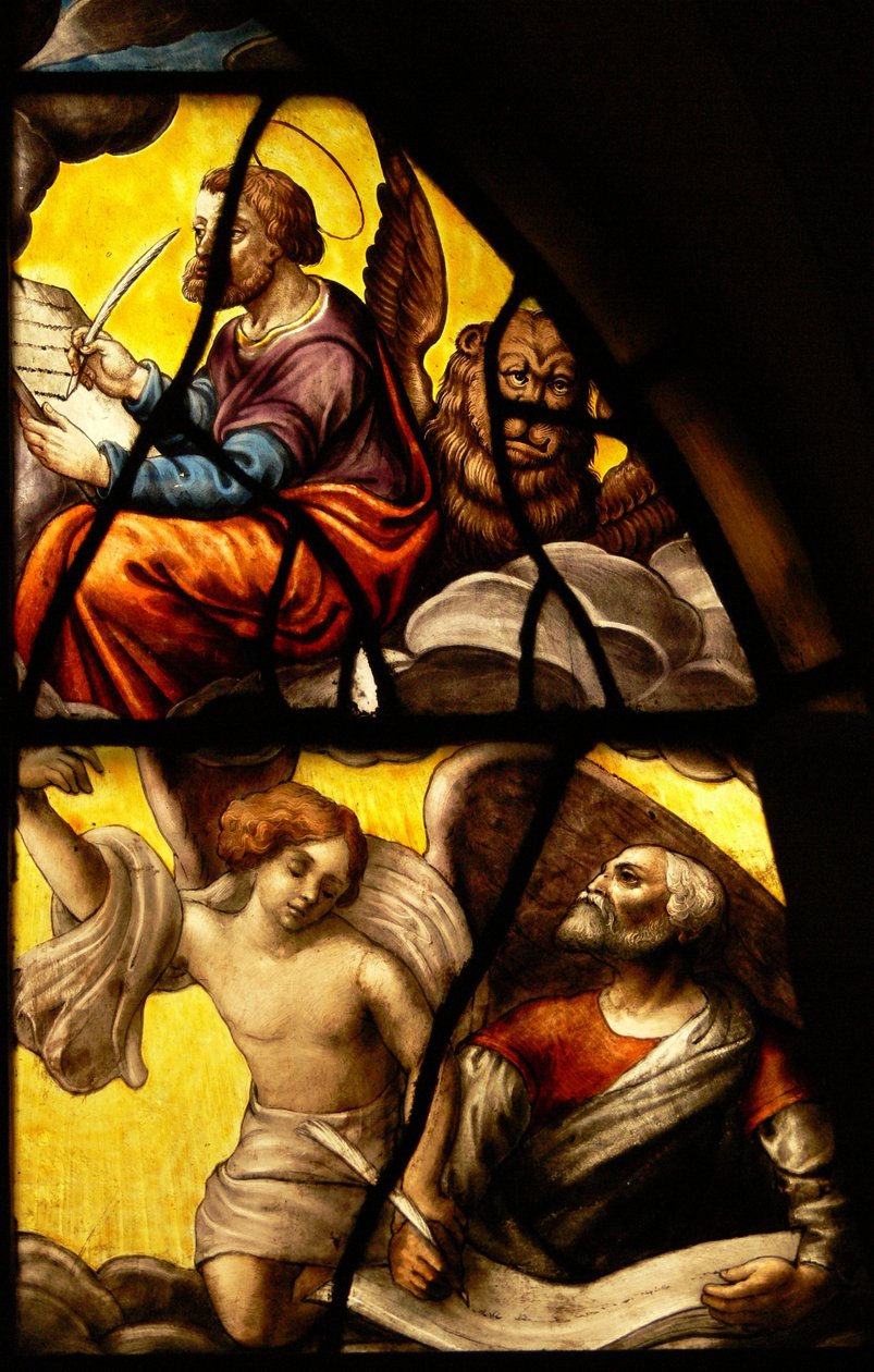 Fönster i Charnier (w.2) som visar en detalj från värdens mirakel: Markus och Matteus av French School