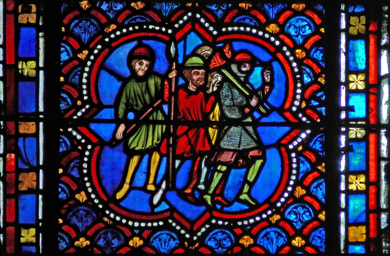 Fönster s2-L som visar människor på väg att arrestera Kristus i Getsemane av French School
