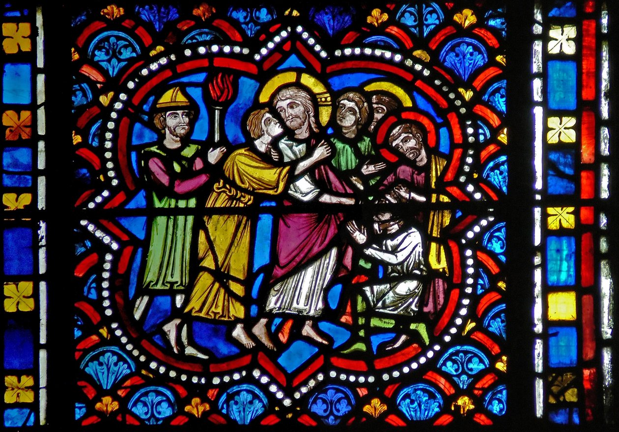 Fönster s2-L som visar förräderiet av Judas av French School