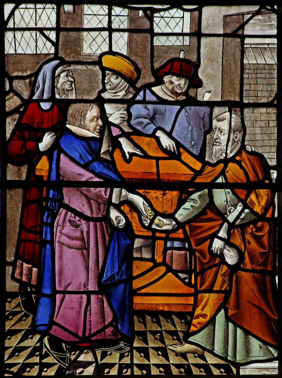 Fönster s3 som visar Judas får de 30 silverbitarna av French School