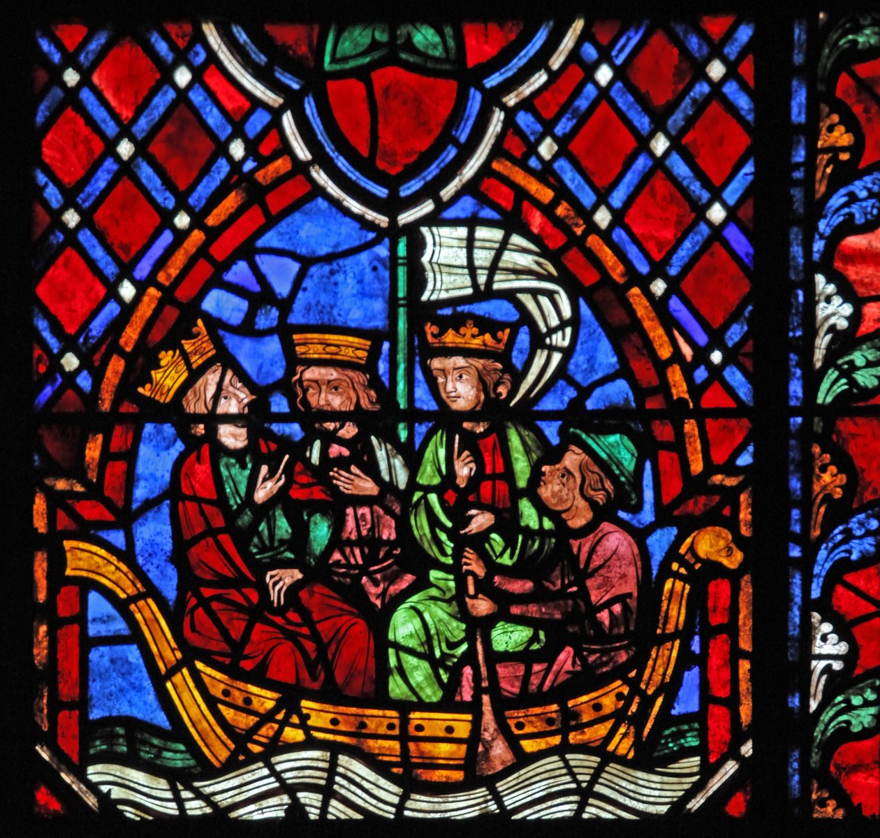 Fönster w01 som visar magiernas avvikelse från födelsekyrkan av French School