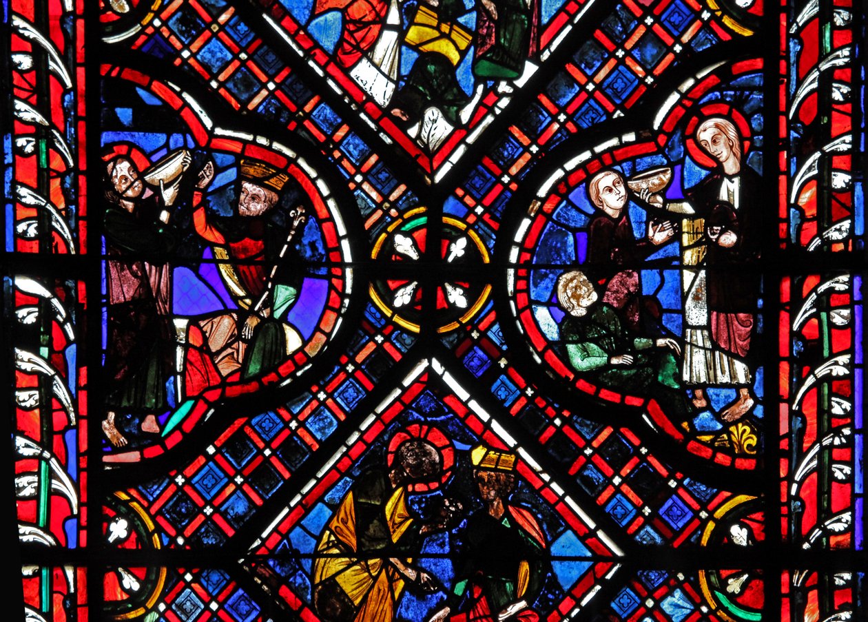 Fönster w03 som visar scener från legenden om St John: helgonet och den förgiftade bägaren av French School