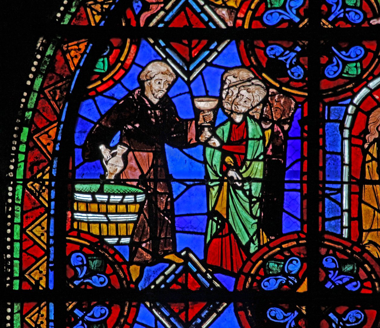 Fönster w06 som visar pilgrimer vid graven till St Julian av Brioude där vin distribueras av French School