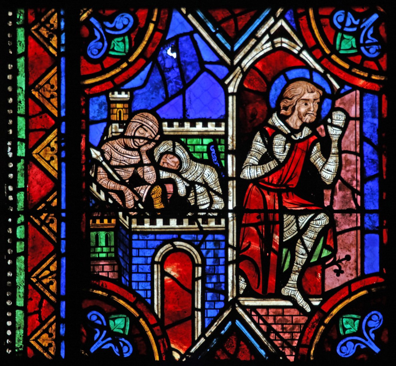 Fönster w06 som visar historien om St Julian av Brioude - St Ferreol, en vän till Julien, som dog under Diocletianus förföljelser, flyr av French School