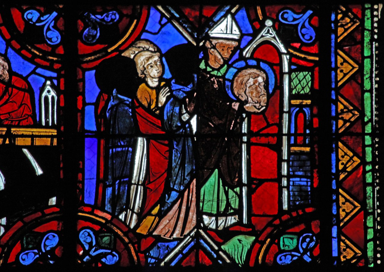 Fönster w06 som visar berättelsen om St Julian av Brioude - döden av St Ferreol, en vän till Julien, som dog under Diocletianus förföljelser; hans reliker överförs av French School
