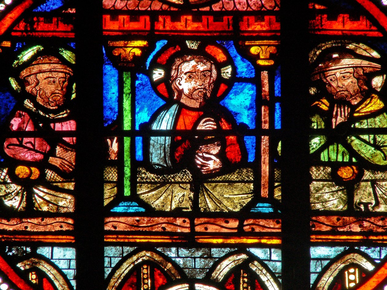 Fönster w0 som visar en uppståndelsesscen: måltiden i Emmaus av French School