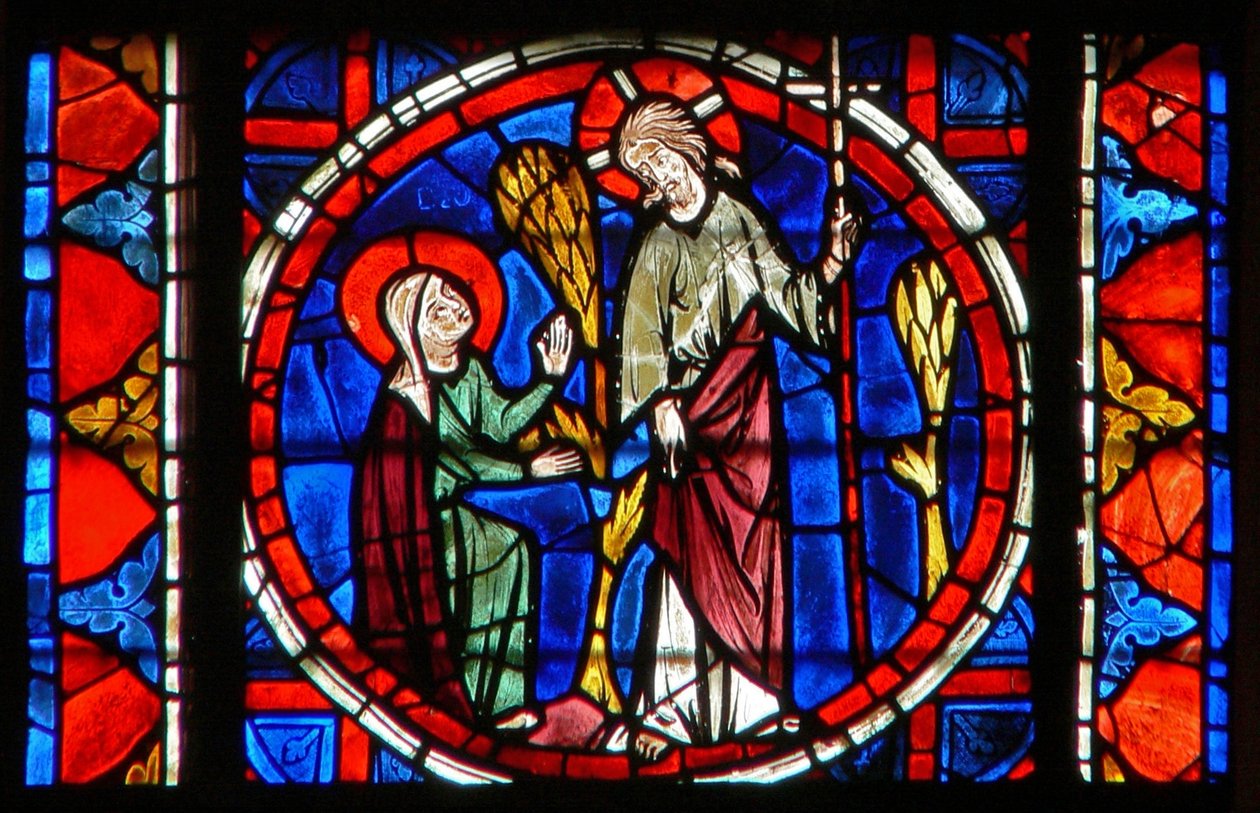 Fönster w109 föreställande Maria Magdalena med Kristus i uppståndelsens trädgård av French School