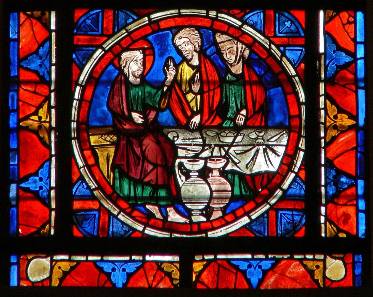 Fönster w109 som visar en scen från Maria Magdalenas liv - vid måltiden på Simons place av French School