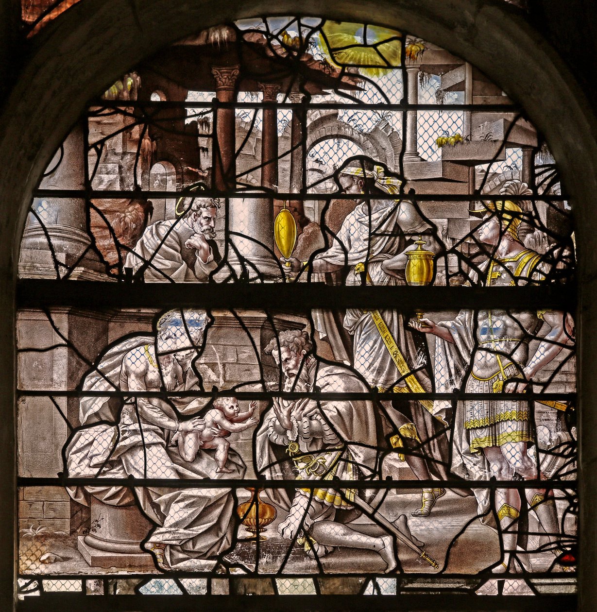 Fönster w10 som visar magiernas tillbedjan: design av Durer och anpassningar av Master of Des-designerna för Story of Psyche!n av French School