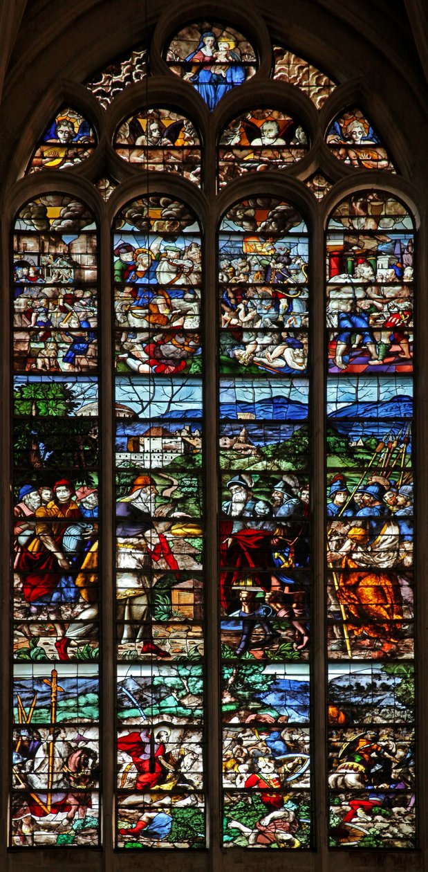 Fönster w124 föreställande Abraham och Melkisedek; St James i strid med morerna i Spanien; scener ur St James liv av French School