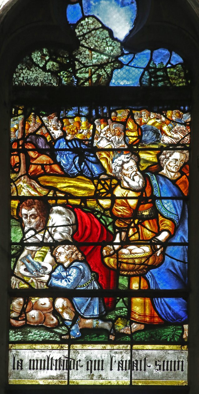 Fönster w12 som visar en detalj från Miracle of the Feeding of the 5000 av French School